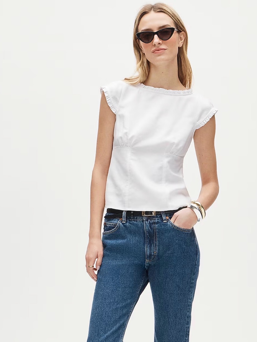 J. Crew White Ruffle-Trim Cap Sleeve Top